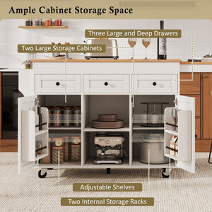 English Elm K&k Rolling Kitchen Island with Extendable Table Built-in Outlets and Layered Storage White N707S360278W