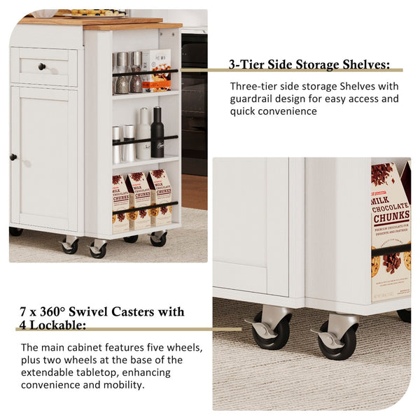 English Elm K&k Rolling Kitchen Island with Extendable Table Built-in Outlets and Layered Storage White N707S360278W