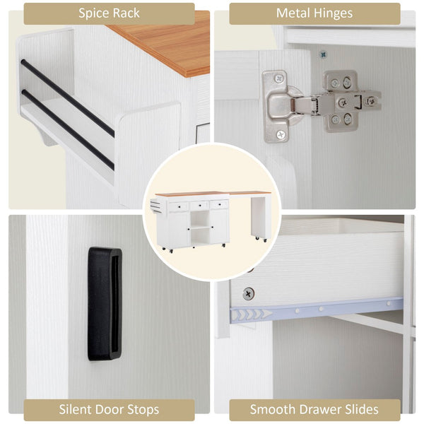 English Elm K&k Rolling Kitchen Island with Extendable Table Built-in Outlets and Layered Storage White N707S360278W