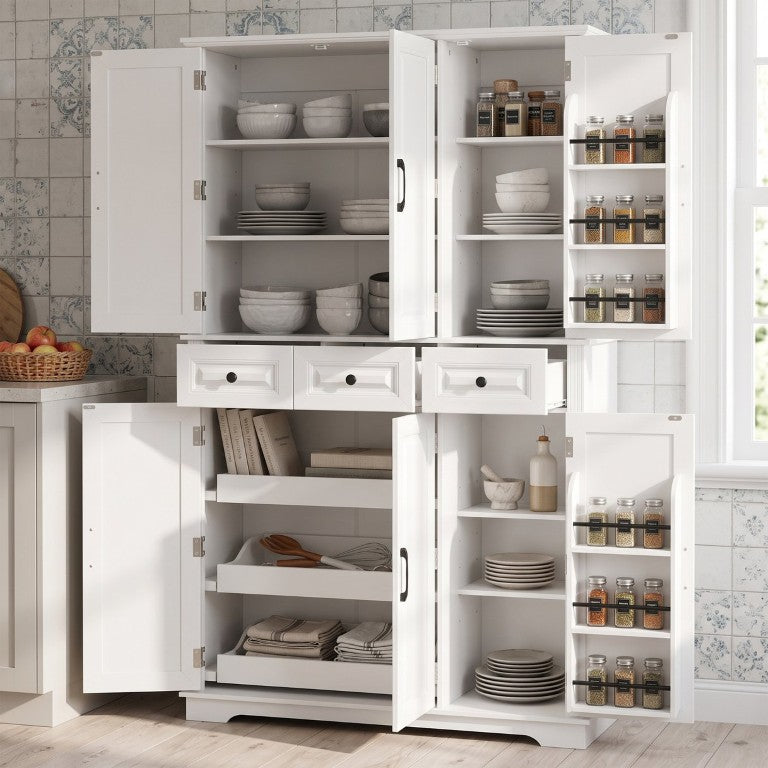 English Elm K&k Farmhouse Pantry Cabinet Tall Freestanding Storage with Pull Out Trays White MDF N707S472738W
