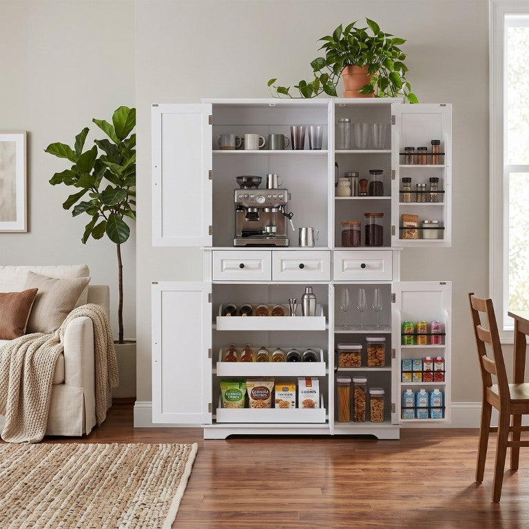 English Elm K&k Farmhouse Pantry Cabinet Tall Freestanding Storage with Pull Out Trays White MDF N707S472738W