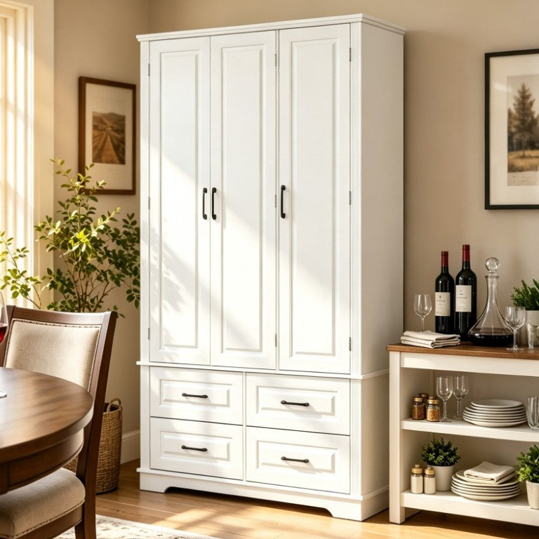 English Elm K&k Farmhouse Pantry Cabinet 72 Inch Tall Freestanding Kitchen Cupboard with Pull Out Trays White N707S472769W