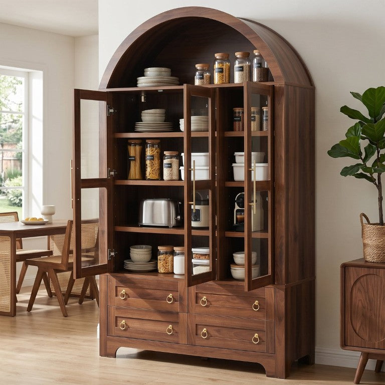 English Elm K&k Arched Farmhouse Pantry Hutch with Glass Doors Four Drawers Walnut Finish N707S476028Z