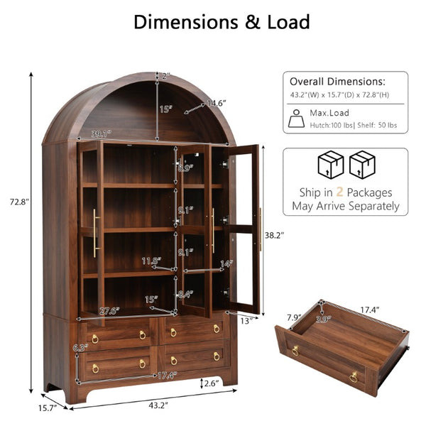 English Elm K&k Arched Farmhouse Pantry Hutch with Glass Doors Four Drawers Walnut Finish N707S476028Z