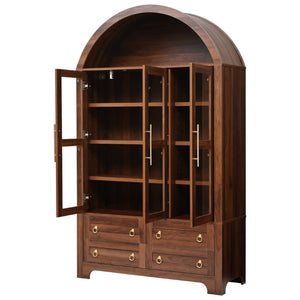English Elm K&k Arched Farmhouse Pantry Hutch with Glass Doors Four Drawers Walnut Finish N707S476028Z