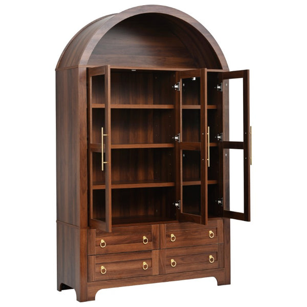 English Elm K&k Arched Farmhouse Pantry Hutch with Glass Doors Four Drawers Walnut Finish N707S476028Z