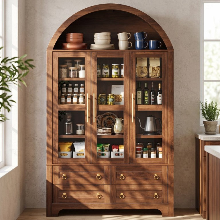 English Elm K&k Arched Farmhouse Pantry Hutch with Glass Doors Four Drawers Walnut Finish N707S476028Z