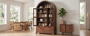 English Elm K&k Arched Farmhouse Pantry Hutch with Glass Doors Four Drawers Walnut Finish N707S476028Z