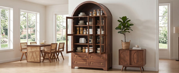 English Elm K&k Arched Farmhouse Pantry Hutch with Glass Doors Four Drawers Walnut Finish N707S476028Z