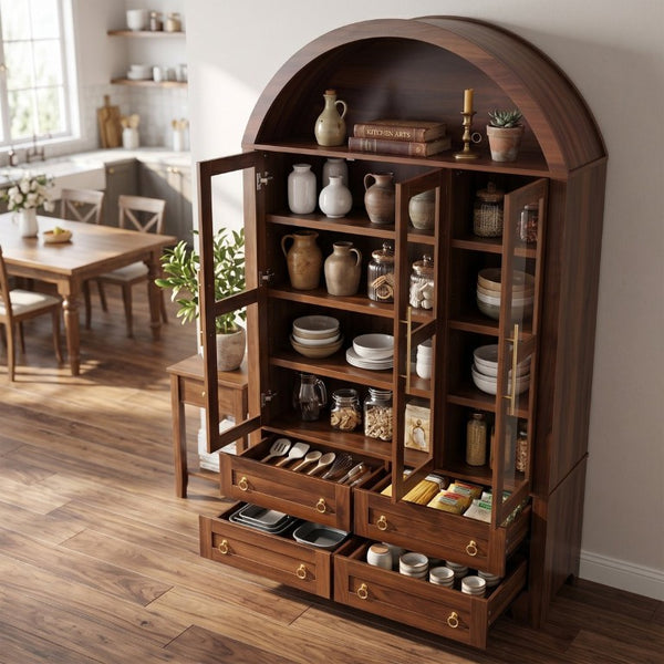 English Elm K&k Arched Farmhouse Pantry Hutch with Glass Doors Four Drawers Walnut Finish N707S476028Z