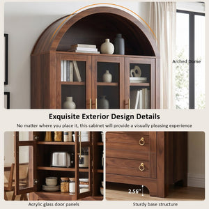 English Elm K&k Arched Farmhouse Pantry Hutch with Glass Doors Four Drawers Walnut Finish N707S476028Z