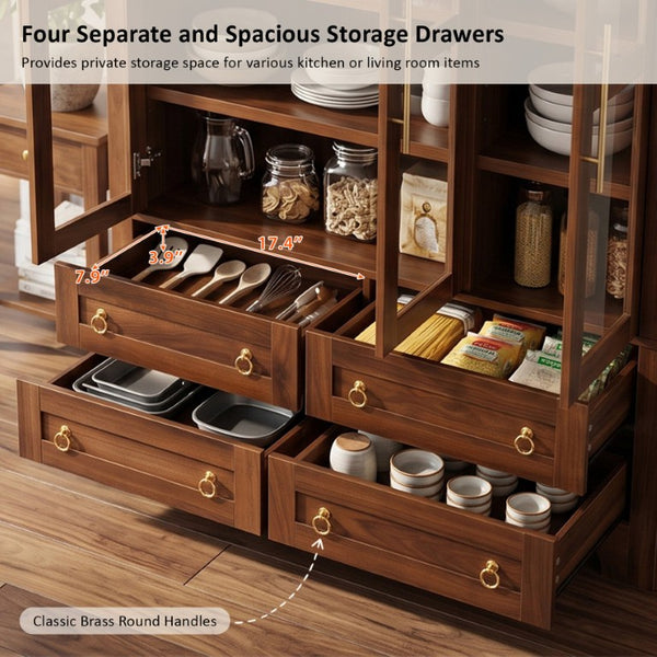 English Elm K&k Arched Farmhouse Pantry Hutch with Glass Doors Four Drawers Walnut Finish N707S476028Z