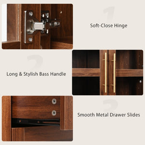 English Elm K&k Arched Farmhouse Pantry Hutch with Glass Doors Four Drawers Walnut Finish N707S476028Z