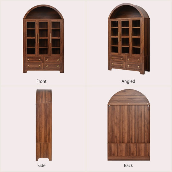 English Elm K&k Arched Farmhouse Pantry Hutch with Glass Doors Four Drawers Walnut Finish N707S476028Z
