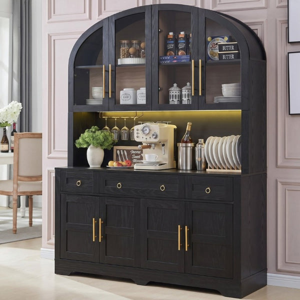 English Elm K&k Farmhouse Pantry Cabinet with LED Lighting Charging Station and Barn Doors Black N707S508593B