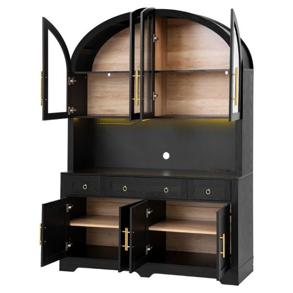 English Elm K&k Farmhouse Pantry Cabinet with LED Lighting Charging Station and Barn Doors Black N707S508593B