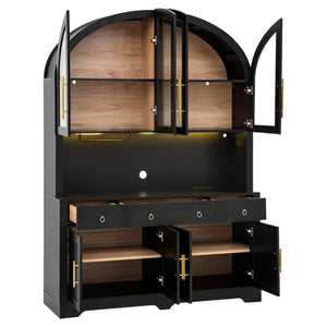 English Elm K&k Farmhouse Pantry Cabinet with LED Lighting Charging Station and Barn Doors Black N707S508593B