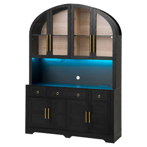 English Elm K&k Farmhouse Pantry Cabinet with LED Lighting Charging Station and Barn Doors Black N707S508593B