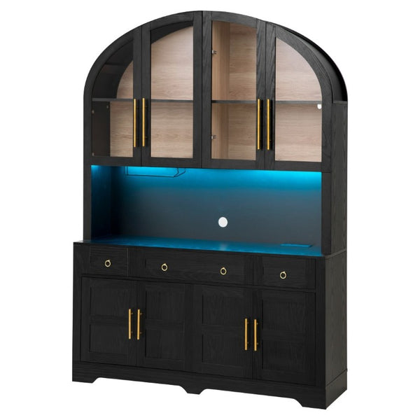 English Elm K&k Farmhouse Pantry Cabinet with LED Lighting Charging Station and Barn Doors Black N707S508593B