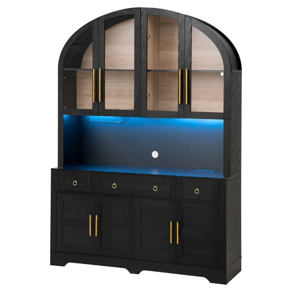 English Elm K&k Farmhouse Pantry Cabinet with LED Lighting Charging Station and Barn Doors Black N707S508593B