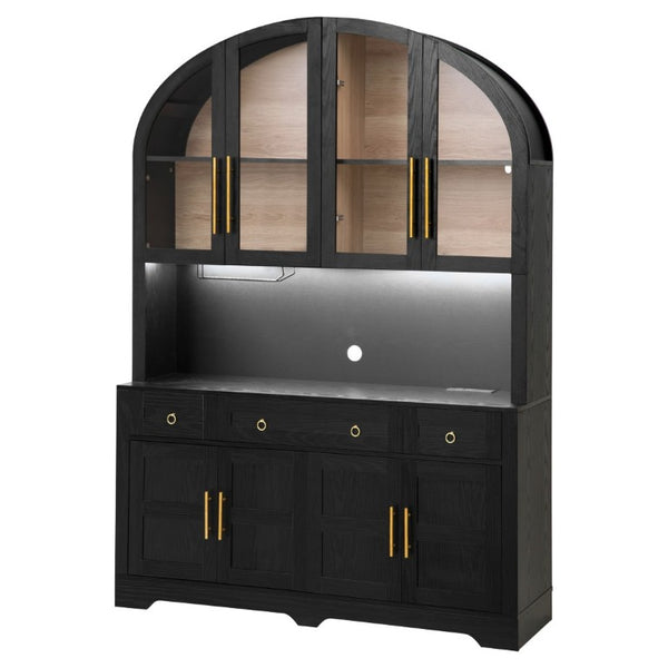 English Elm K&k Farmhouse Pantry Cabinet with LED Lighting Charging Station and Barn Doors Black N707S508593B