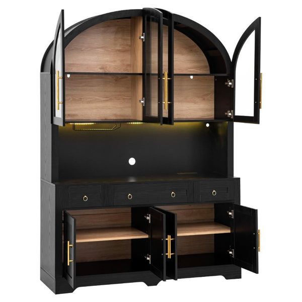 English Elm K&k Farmhouse Pantry Cabinet with LED Lighting Charging Station and Barn Doors Black N707S508593B