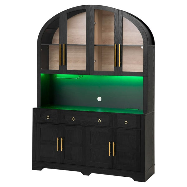 English Elm K&k Farmhouse Pantry Cabinet with LED Lighting Charging Station and Barn Doors Black N707S508593B