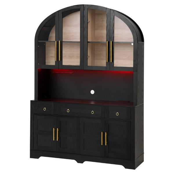 English Elm K&k Farmhouse Pantry Cabinet with LED Lighting Charging Station and Barn Doors Black N707S508593B