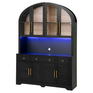 English Elm K&k Farmhouse Pantry Cabinet with LED Lighting Charging Station and Barn Doors Black N707S508593B