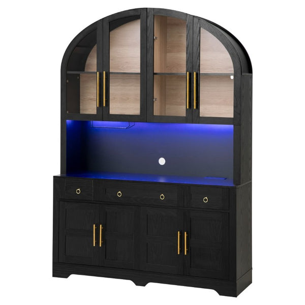 English Elm K&k Farmhouse Pantry Cabinet with LED Lighting Charging Station and Barn Doors Black N707S508593B