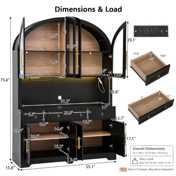 English Elm K&k Farmhouse Pantry Cabinet with LED Lighting Charging Station and Barn Doors Black N707S508593B