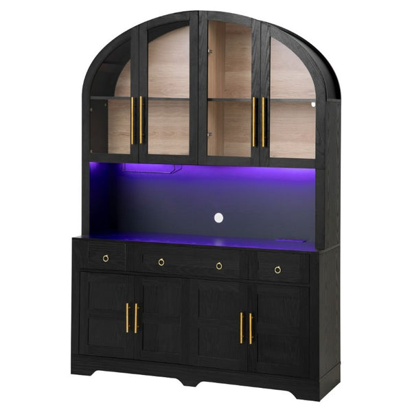 English Elm K&k Farmhouse Pantry Cabinet with LED Lighting Charging Station and Barn Doors Black N707S508593B