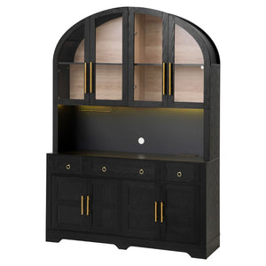 English Elm K&k Farmhouse Pantry Cabinet with LED Lighting Charging Station and Barn Doors Black N707S508593B