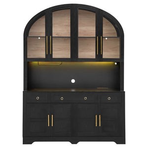 English Elm K&k Farmhouse Pantry Cabinet with LED Lighting Charging Station and Barn Doors Black N707S508593B