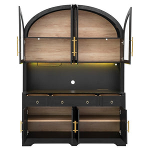 English Elm K&k Farmhouse Pantry Cabinet with LED Lighting Charging Station and Barn Doors Black N707S508593B