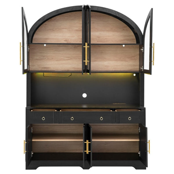 English Elm K&k Farmhouse Pantry Cabinet with LED Lighting Charging Station and Barn Doors Black N707S508593B