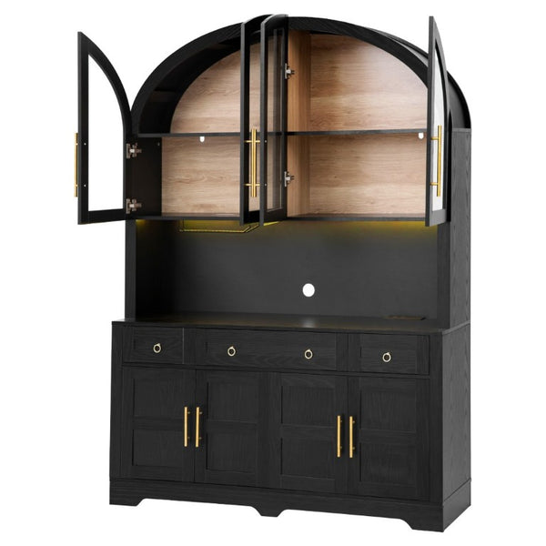 English Elm K&k Farmhouse Pantry Cabinet with LED Lighting Charging Station and Barn Doors Black N707S508593B
