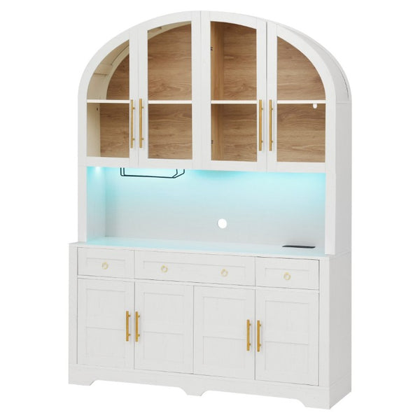 English Elm K&k Farmhouse Pantry Cabinet with LED Lighting Charging Station and Barn Doors White N707S508593W