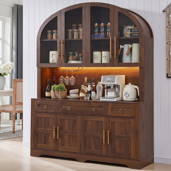 English Elm K&k Farmhouse Hutch Cabinet with LED Lighting Barn Doors and Built in Charging Station N707S508593Z
