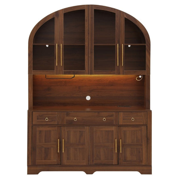 English Elm K&k Farmhouse Hutch Cabinet with LED Lighting Barn Doors and Built in Charging Station N707S508593Z