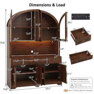 English Elm K&k Farmhouse Hutch Cabinet with LED Lighting Barn Doors and Built in Charging Station N707S508593Z