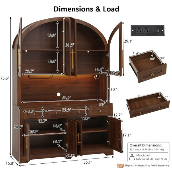 English Elm K&k Farmhouse Hutch Cabinet with LED Lighting Barn Doors and Built in Charging Station N707S508593Z