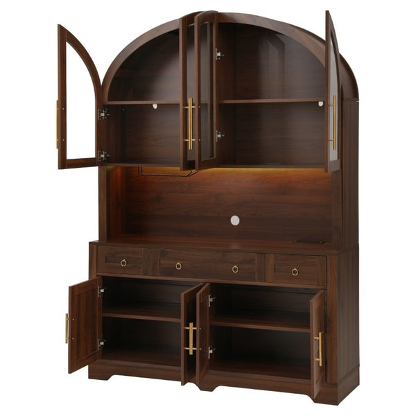 English Elm K&k Farmhouse Hutch Cabinet with LED Lighting Barn Doors and Built in Charging Station N707S508593Z