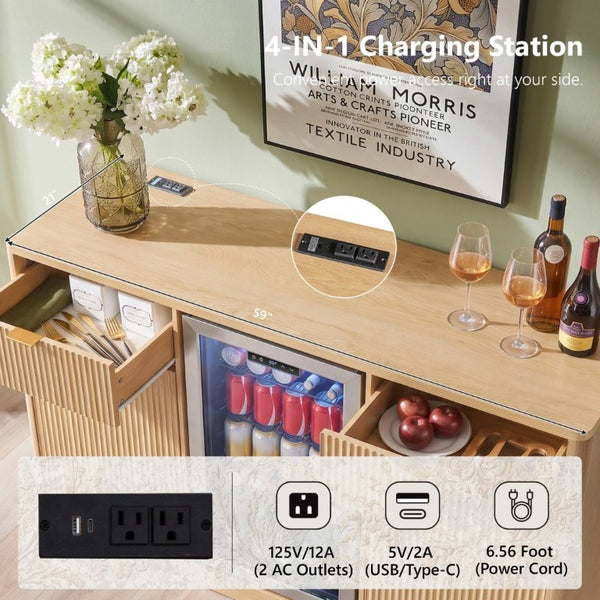 English Elm K&k Fluted Bar Cabinet with Stemware Racks Charging Station and Tilt-Out Storage Natural N707S508912Y