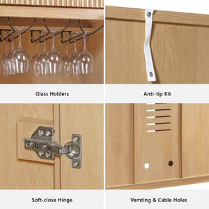 English Elm K&k Fluted Bar Cabinet with Stemware Racks Charging Station and Tilt-Out Storage Natural N707S508912Y
