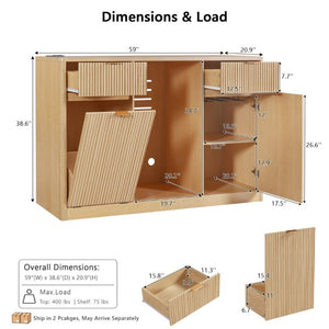 English Elm K&k Fluted Bar Cabinet with Stemware Racks Charging Station and Tilt-Out Storage Natural N707S508912Y