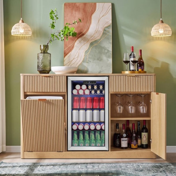 English Elm K&k Fluted Bar Cabinet with Stemware Racks Charging Station and Tilt-Out Storage Natural N707S508912Y