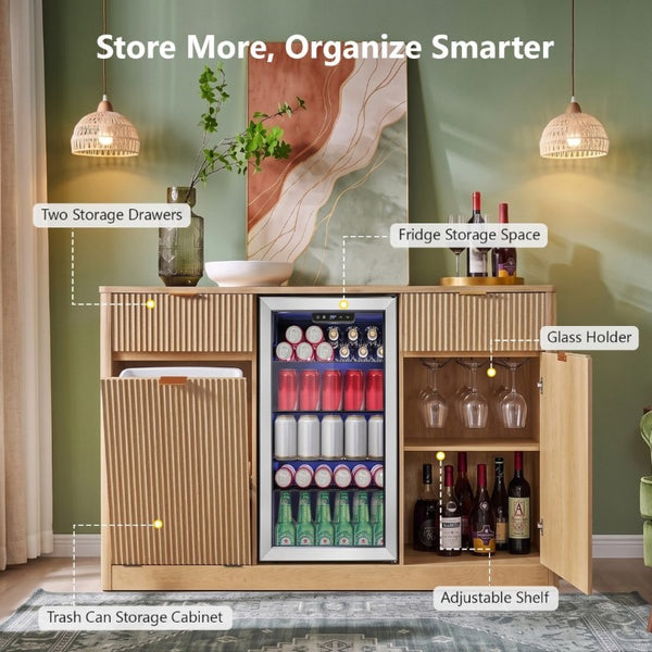 English Elm K&k Fluted Bar Cabinet with Stemware Racks Charging Station and Tilt-Out Storage Natural N707S508912Y