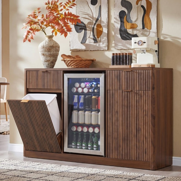 English Elm K&k Fluted Bar Cabinet with Stemware Racks Charging Station and Tilt-Out Storage Walnut Brown N707S508912Z