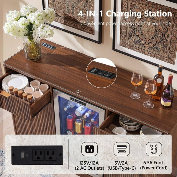 English Elm K&k Fluted Bar Cabinet with Stemware Racks Charging Station and Tilt-Out Storage Walnut Brown N707S508912Z